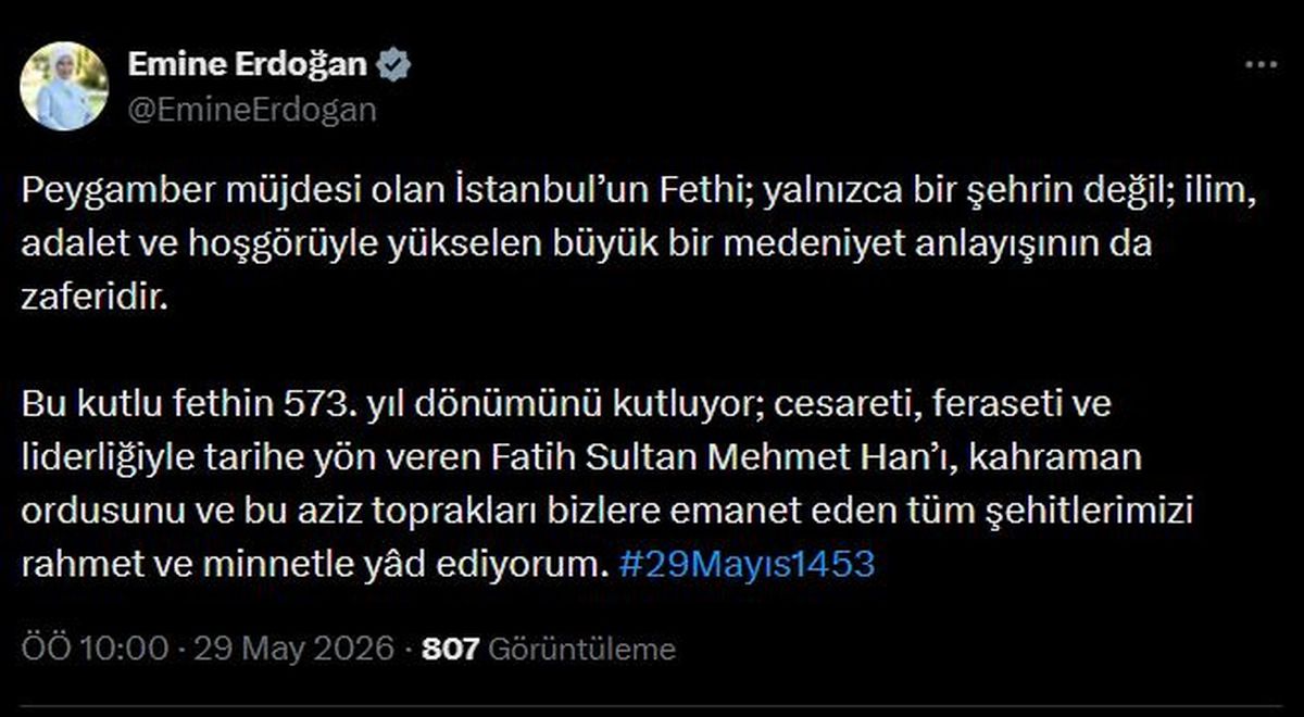 Emine Erdoğan\'dan İstanbul\'un Fethi Mesajı