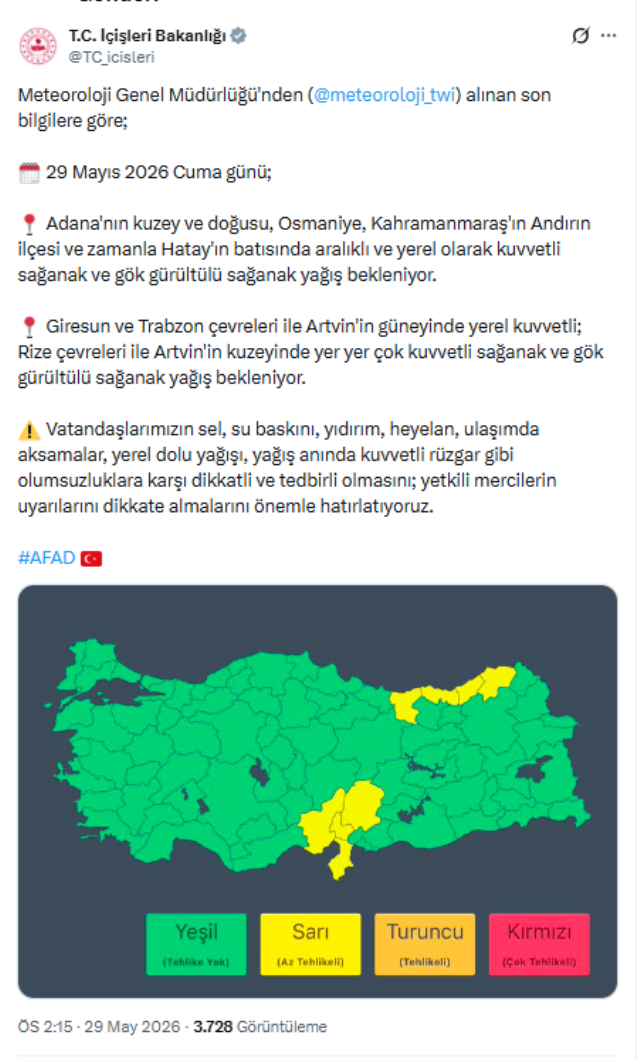 İçişleri Bakanlığı'ndan 8 il için kuvvetli yağış uyarısı