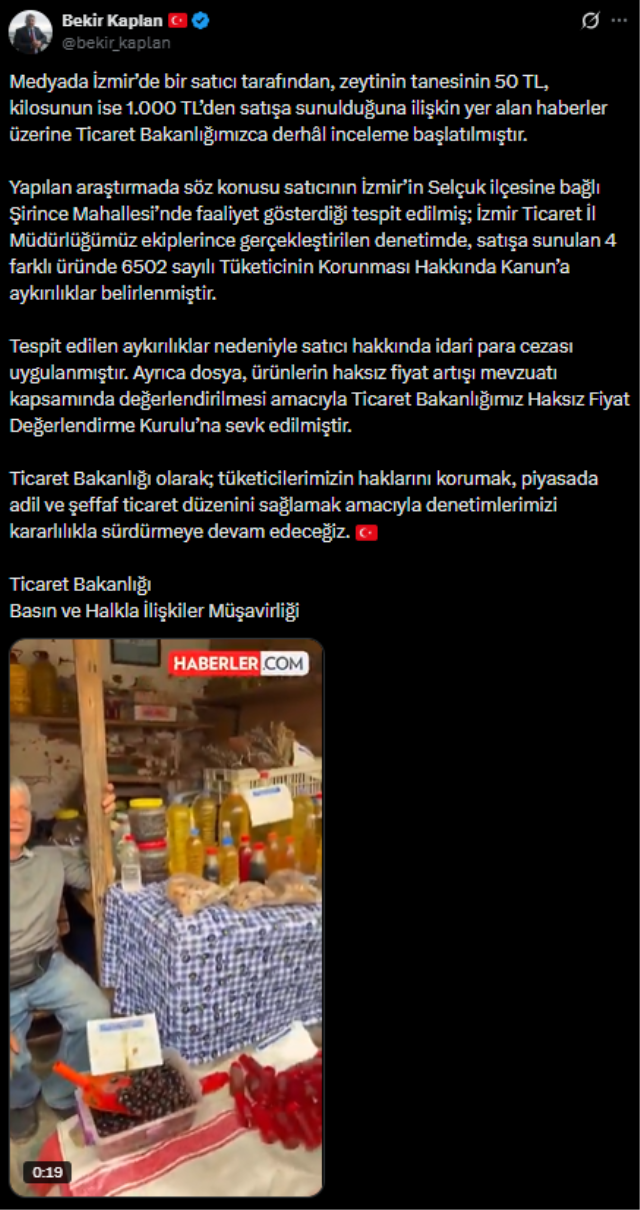 Zeytinin tanesini 50 liraya satan şahsa idari para cezası