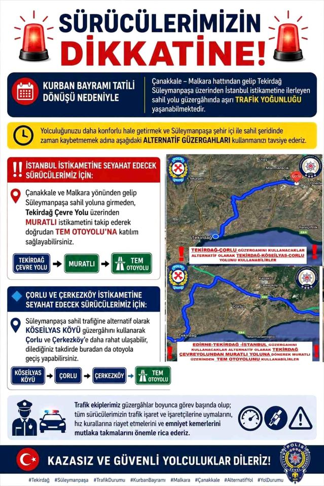 Tekirdağ'da Bayram Dönüşü Trafik Uyarısı