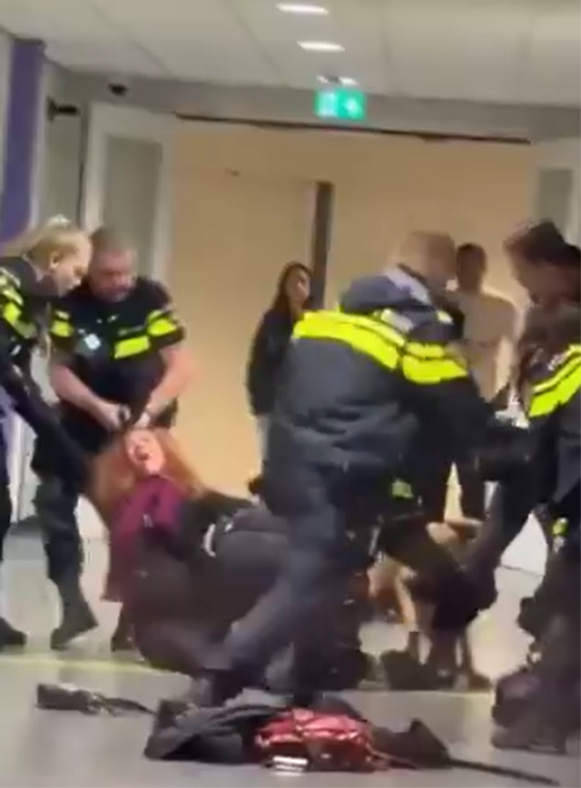 Hollanda polisi hamile Filistinli kadını yerlere savurdu
