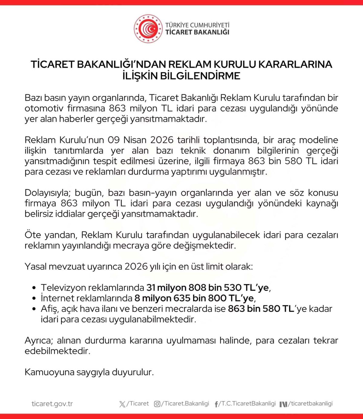 Ticaret Bakanlığı\'ndan Ceza Açıklaması