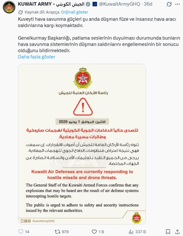 Kuveyt genelinde sirenler çalıyor! Füze ve İHA'lara müdahale ediliyor