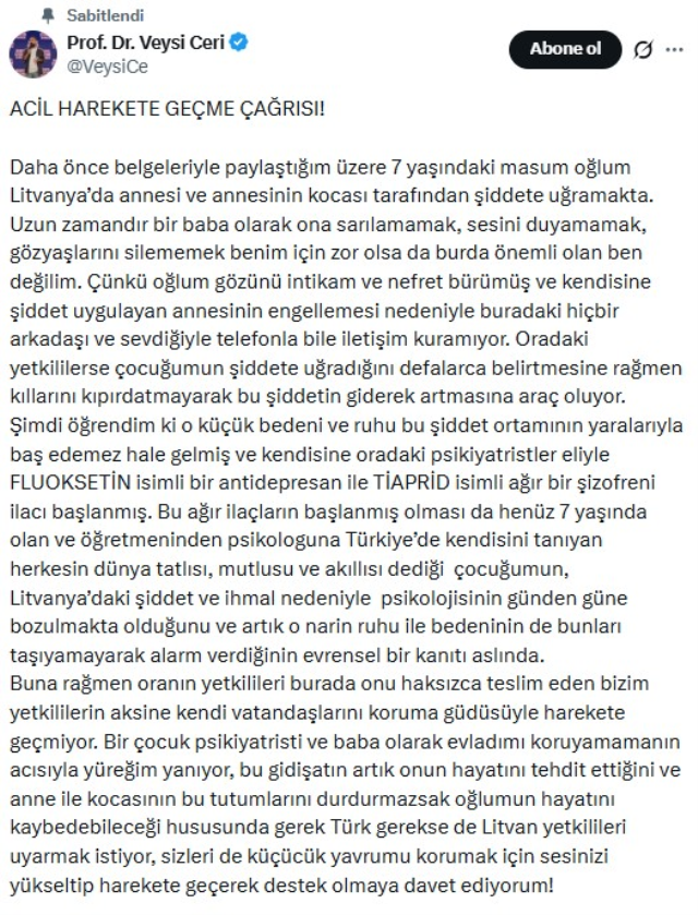 Profesör Veysi Çeri'den yardım çağrısı! Evladını öz annesi yurt dışına kaçırdı, her gün dehşeti yaşatıyor
