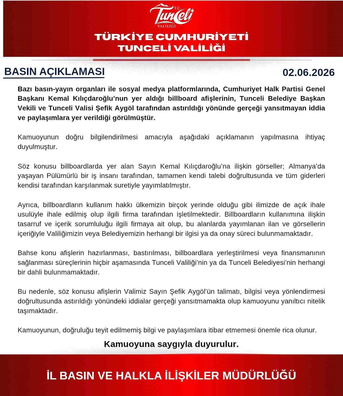 Tunceli Valiliğinden afiş açıklaması