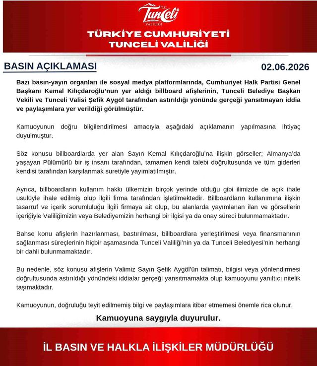 Tunceli Valiliğinden afiş açıklaması