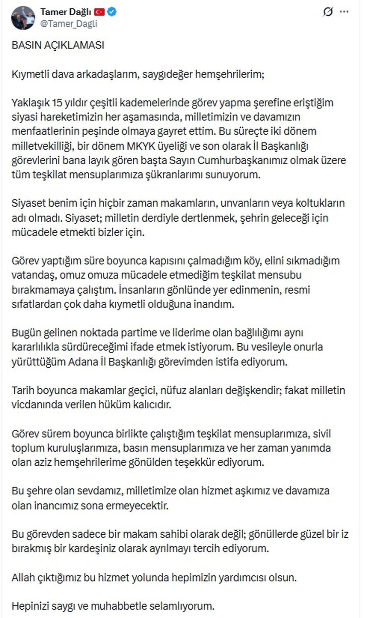 Tamer Dağlı İstifa Etti