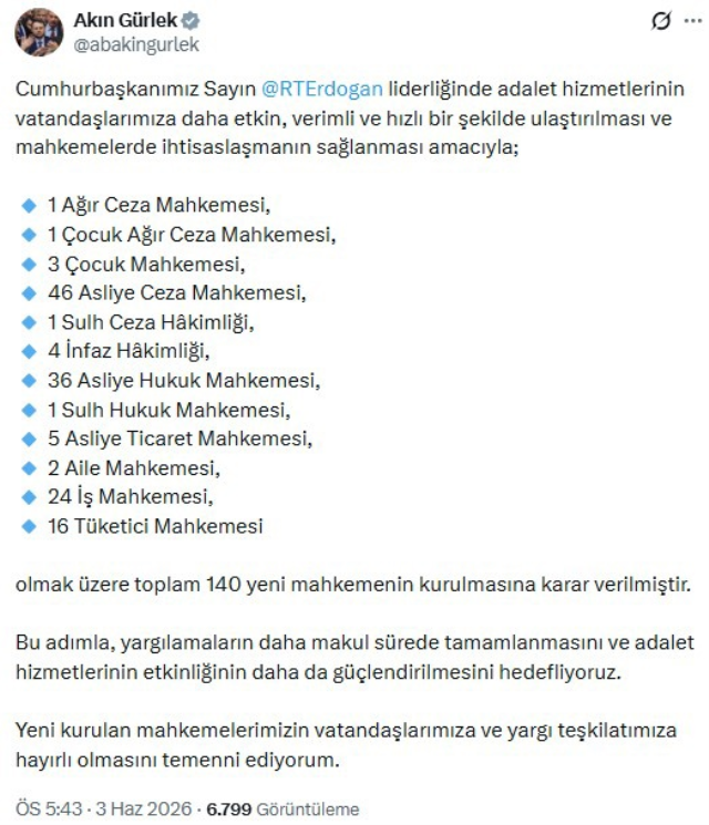 Bakan Gürlek: 140 yeni mahkeme kuruldu
