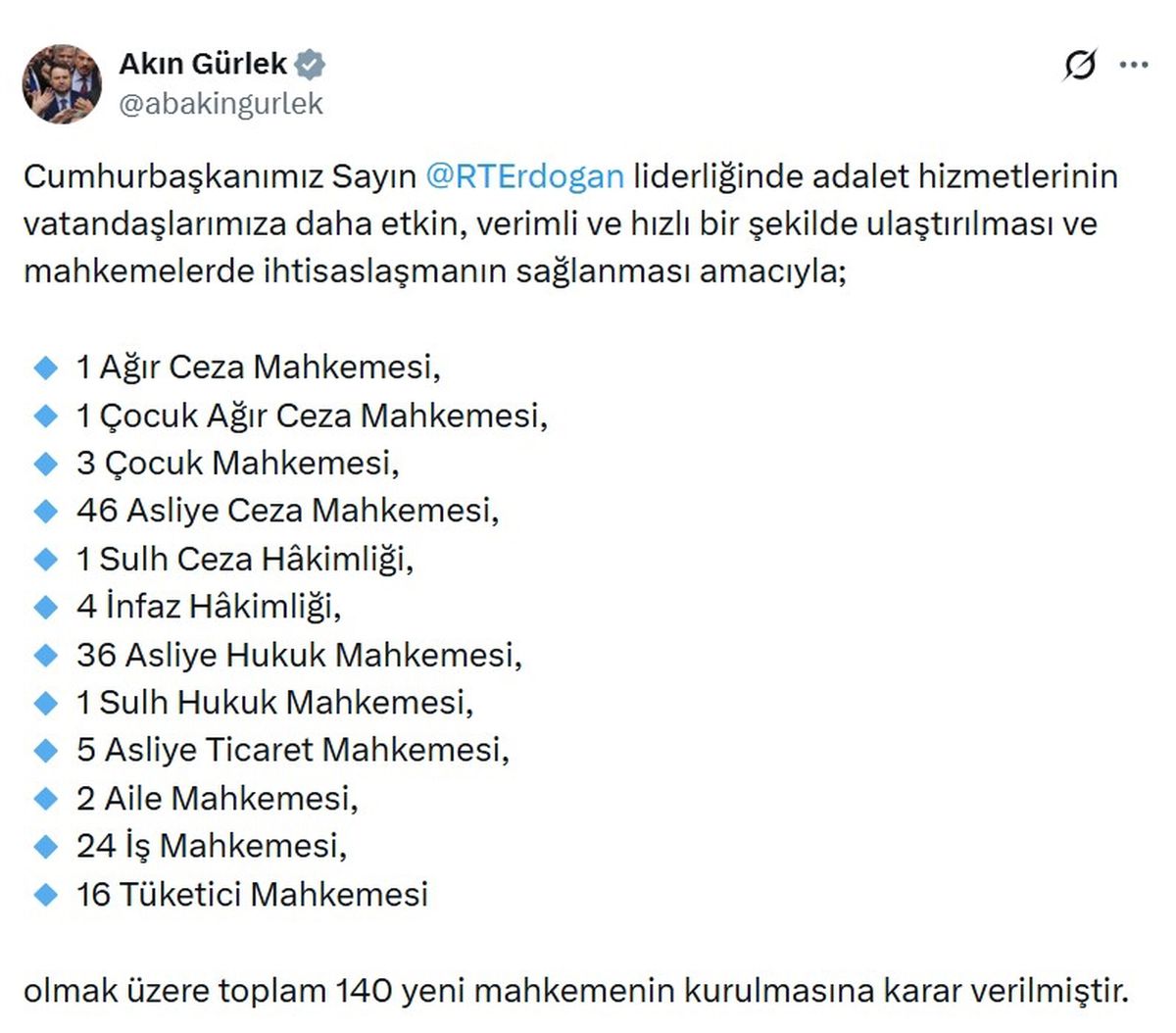 Adalet Bakanı: 140 yeni mahkeme kuruldu