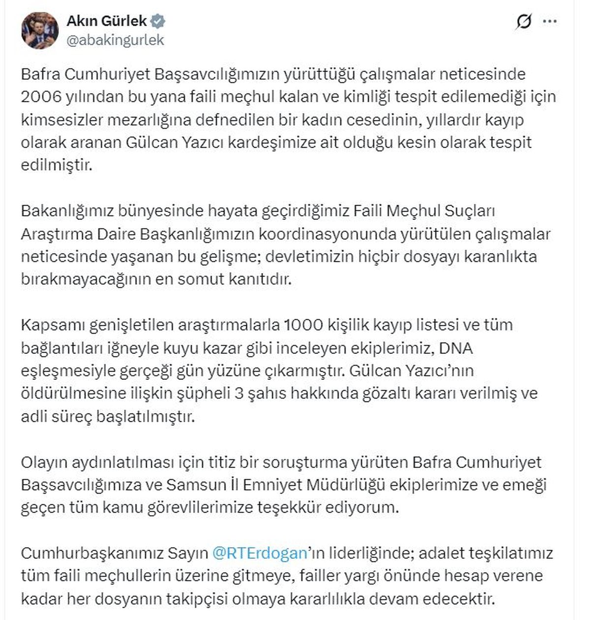 Bakan Gürlek: 2006\'daki faili meçhul cinayet aydınlatıldı, 3 şüpheli gözaltında