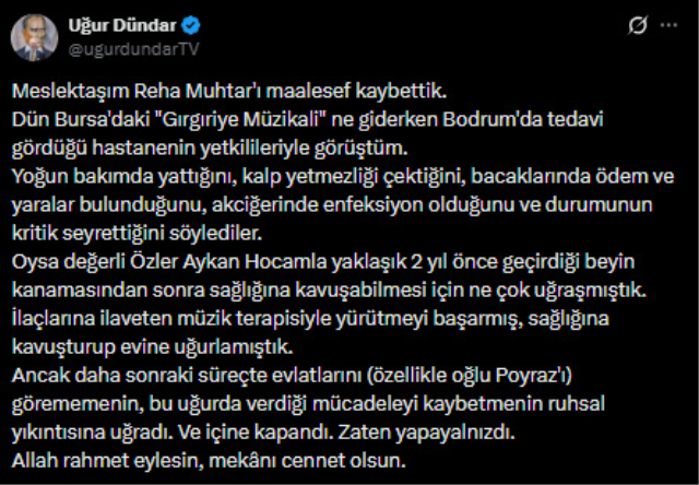 Uğur Dündar'dan Reha Muhtar için dikkat çeken başsağlığı mesajı: Zaten yapayalnızdı