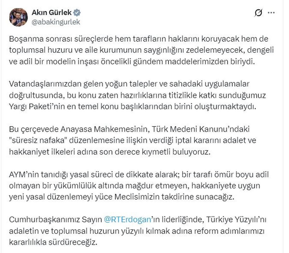 Bakan Gürlek\'ten süresiz nafaka iptaline destek