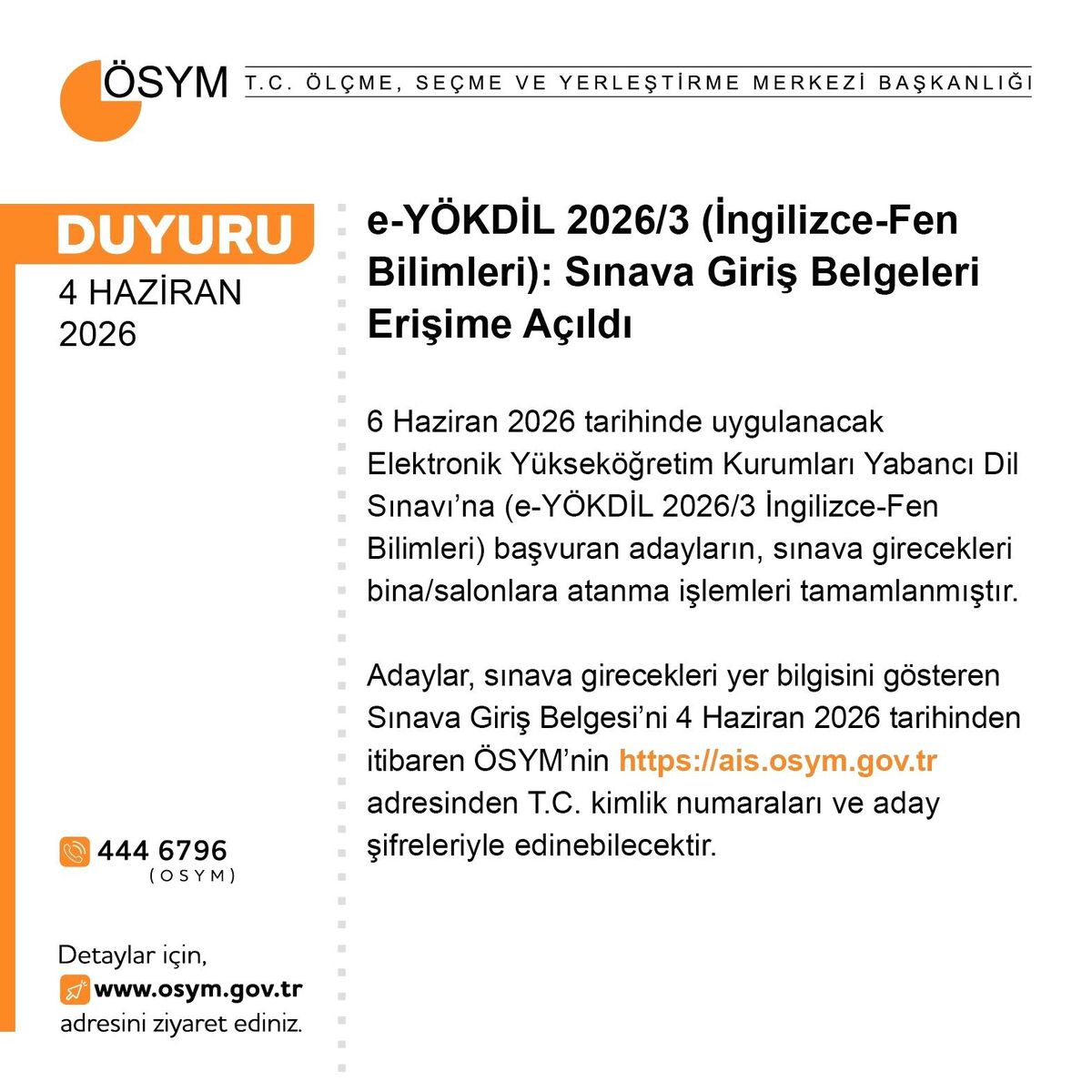 e-YÖKDİL Sınav Giriş Belgeleri Açıklandı