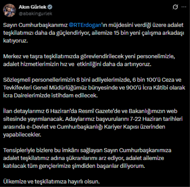 Bakan Gürlek, 15 bin yeni personel alımının ayrıntılarını açıkladı