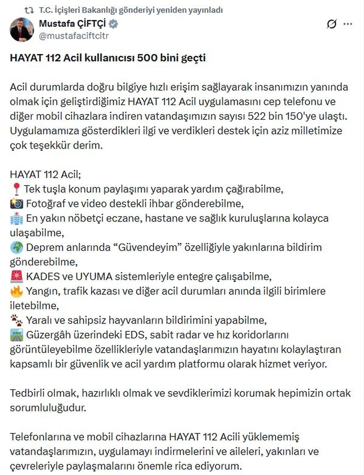 HAYAT 112 Acil Uygulaması 522 Bin İndirme!