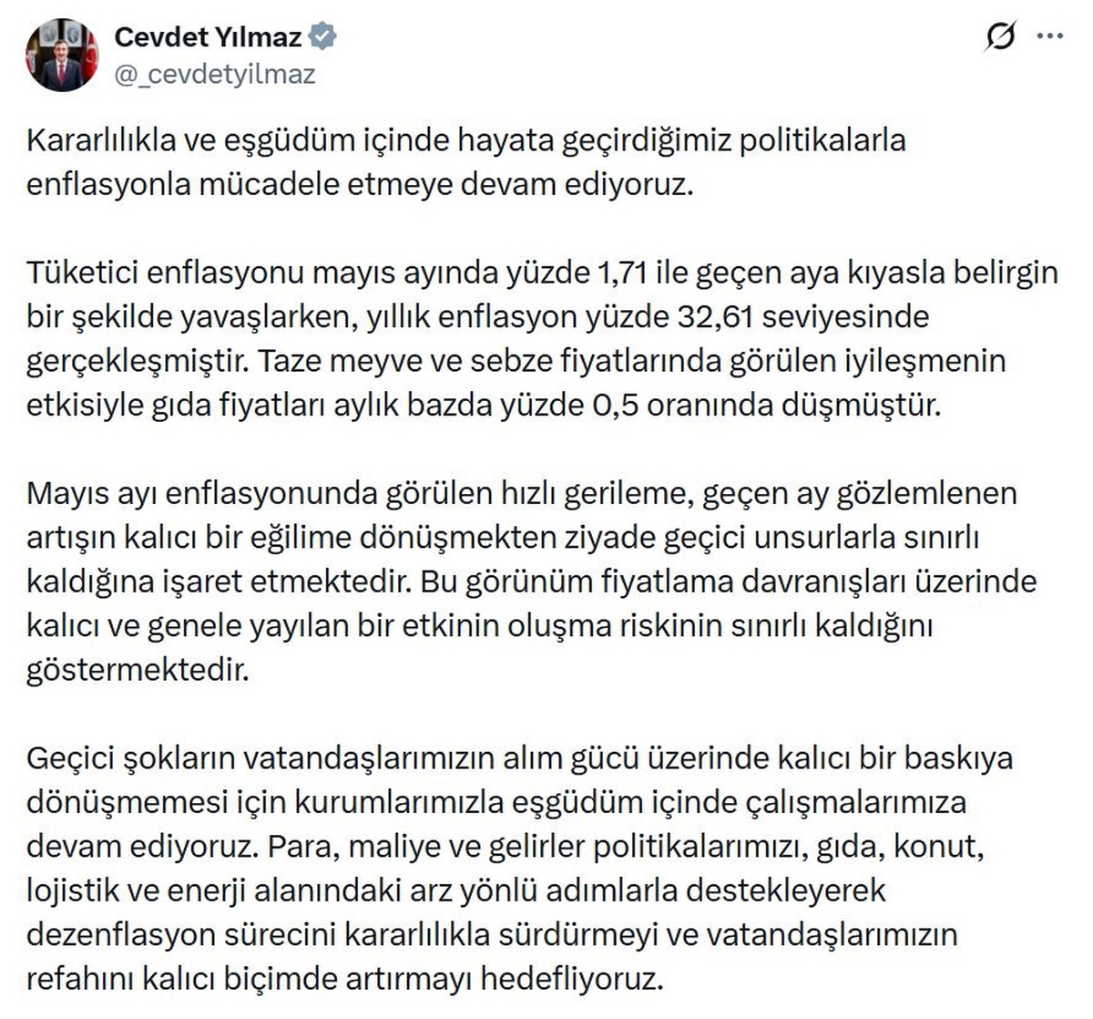 Cevdet Yılmaz: Dezenflasyon kararlılıkla sürdürülecek
