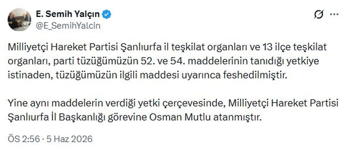 MHP Şanlıurfa Teşkilatları Feshedildi