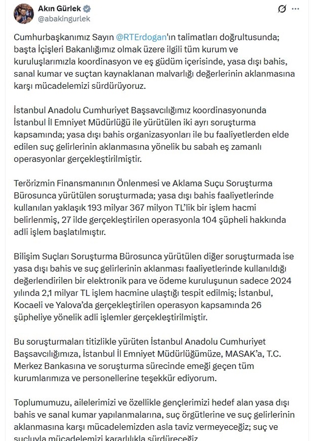 Bakan Gürlek: Yasa dışı bahis operasyonlarında 130 şüpheli hakkında adli işlem başlatıldı