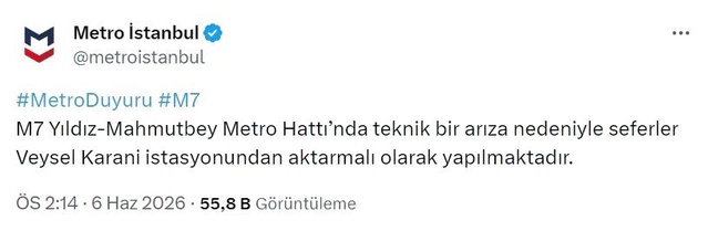 M7 Metro Hattı'nda Teknik Arıza!