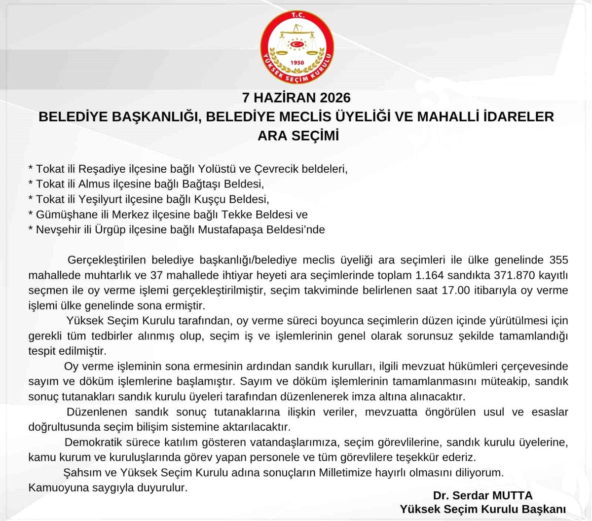 YSK Başkanı Mutta: "Yüksek Seçim Kurulu adına sonuçların milletimize hayırlı olmasını diliyorum"