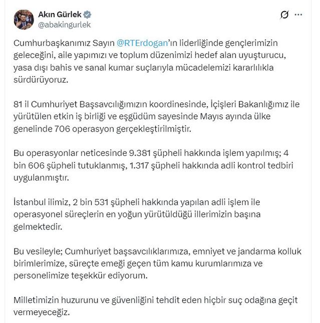 Mayıs'ta 706 uyuşturucu ve kumar operasyonu