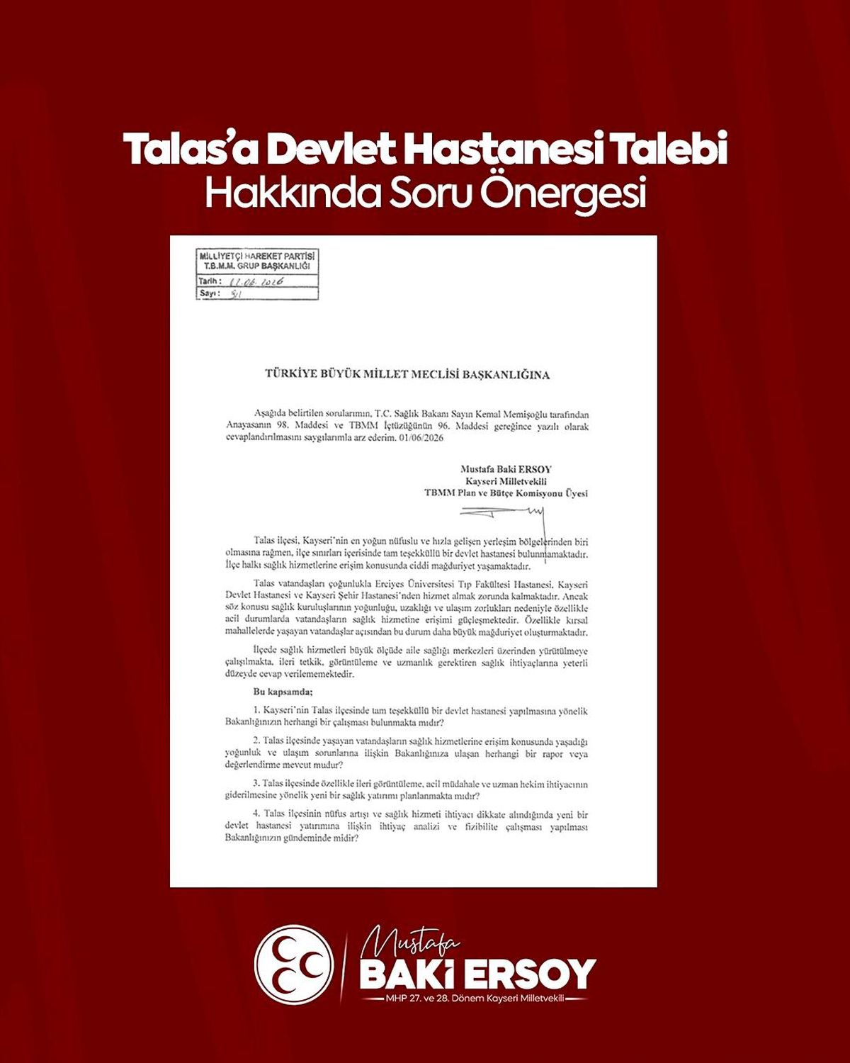 Talas\'a Devlet Hastanesi Talebi TBMM\'de