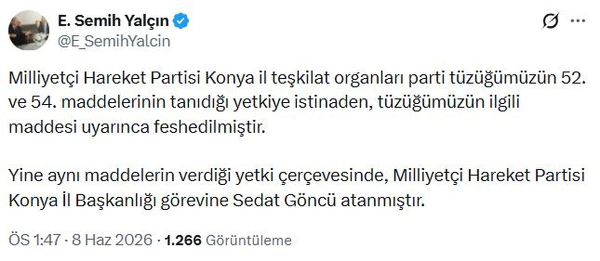 MHP Konya teşkilatı feshedildi, yeni başkan atandı