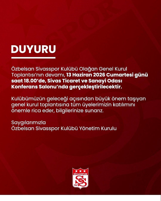 Sivasspor Genel Kurulu 13 Haziran'da