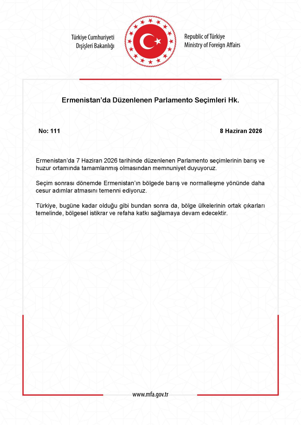 Türkiye\'den Ermenistan Seçimlerine Tepki