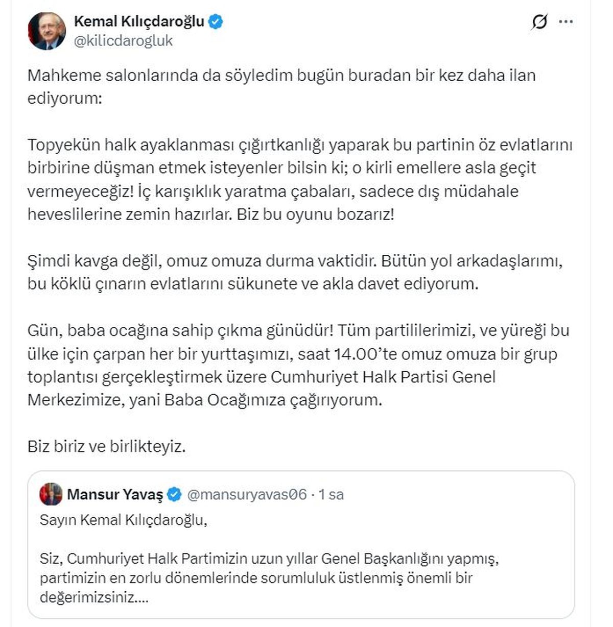 Kılıçdaroğlu\'ndan Birlik Çağrısı