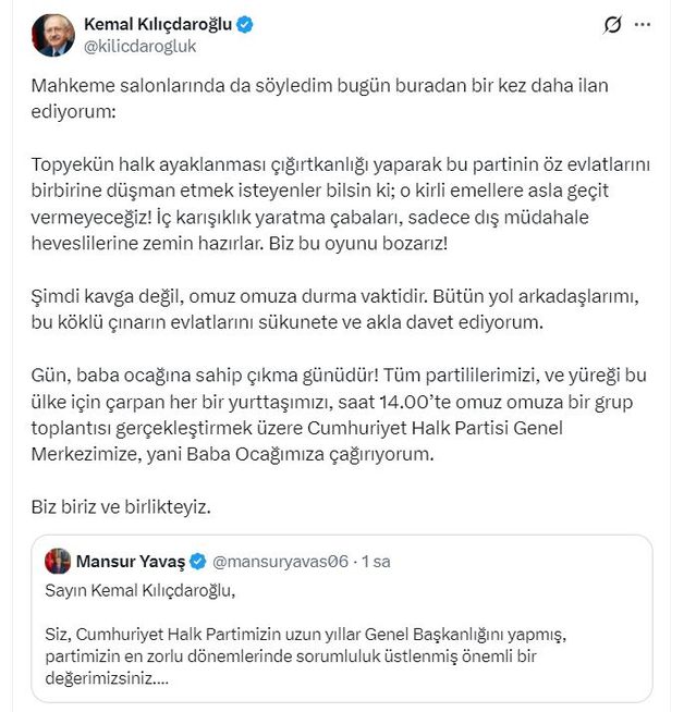 Kılıçdaroğlu'ndan Birlik Çağrısı