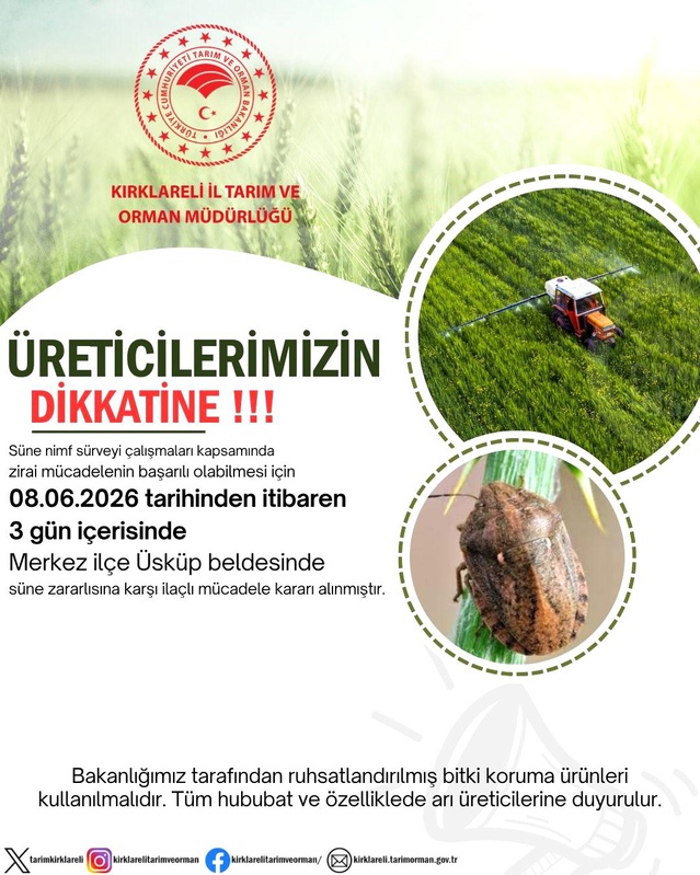 Kırklareli'de Süne Zararlısına İlaçlı Mücadele Başlıyor