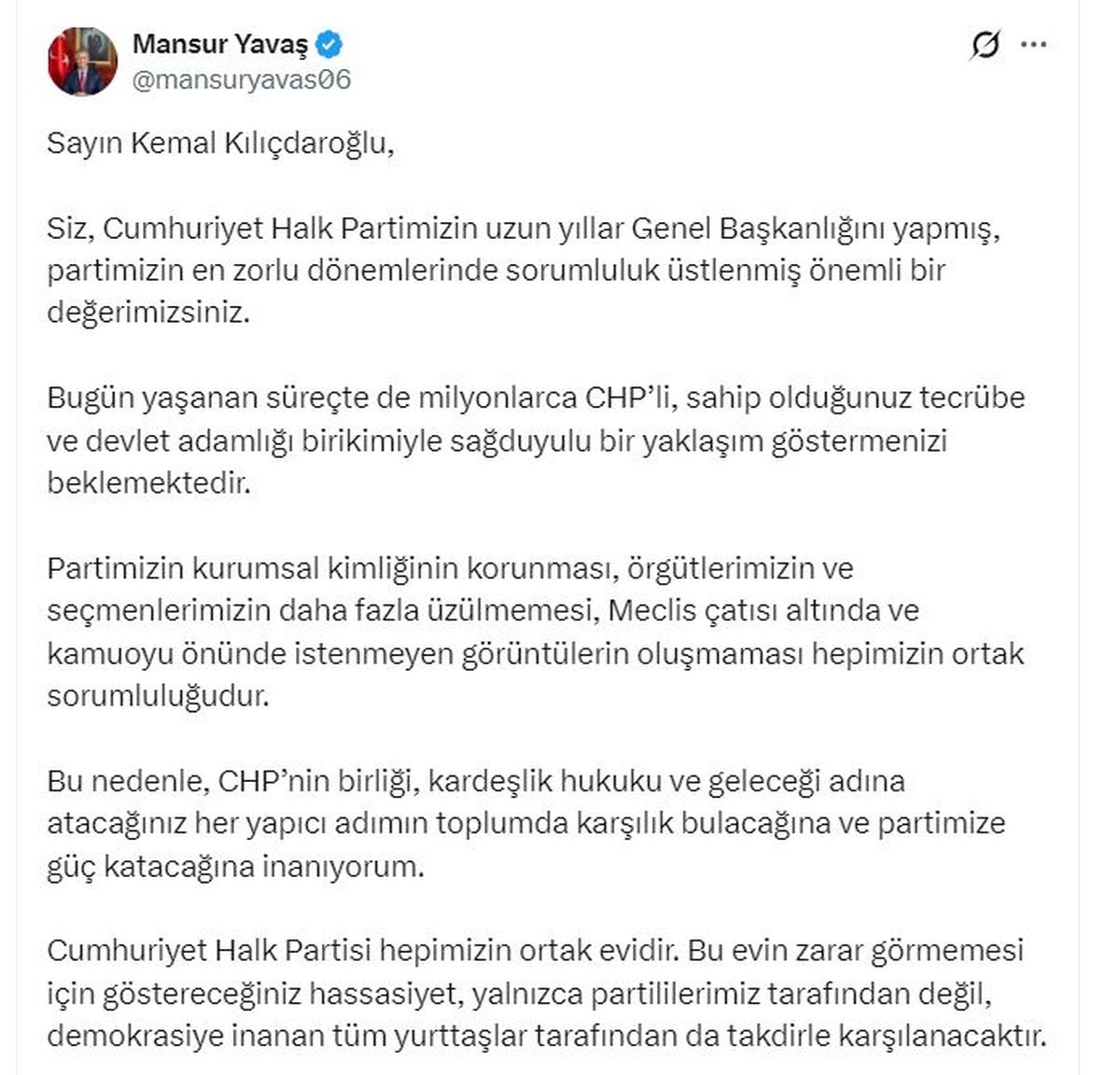 Yavaş\'tan Kılıçdaroğlu\'na Çağrı