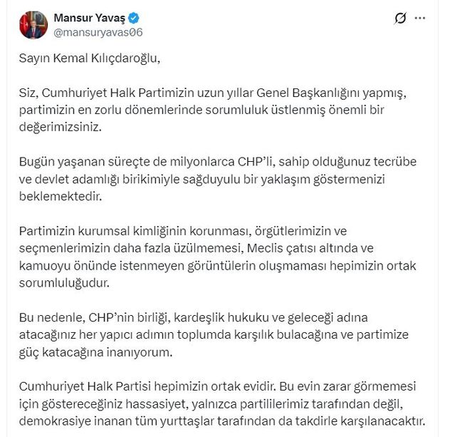 Yavaş'tan Kılıçdaroğlu'na Çağrı
