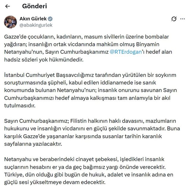 Bakan Gürlek: Netanyahu'nun sözleri akıl tutulmasıdır