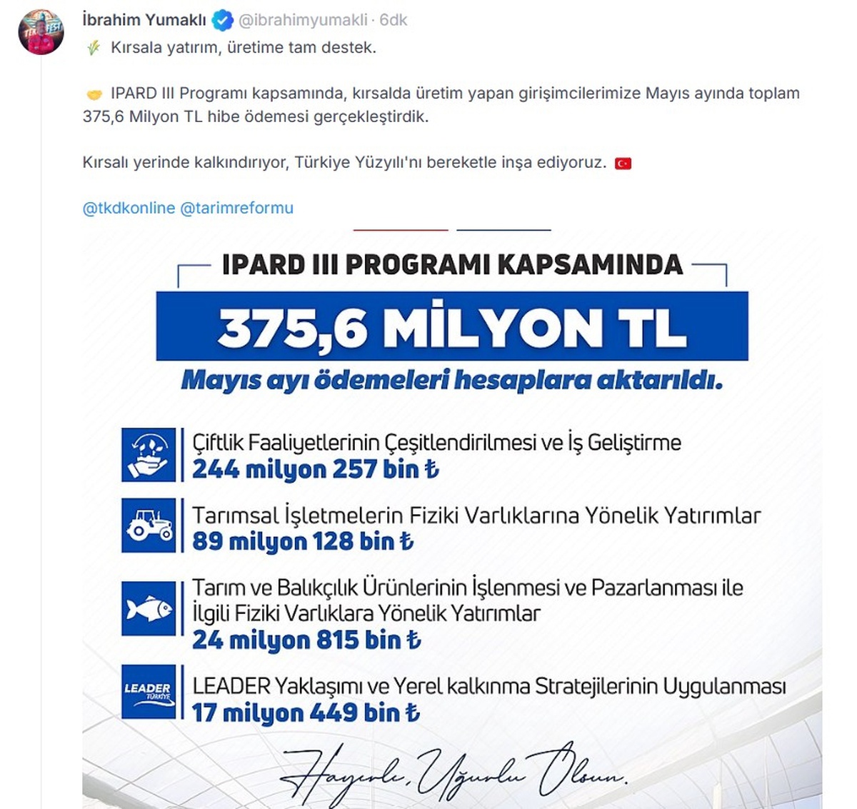 IPARD 3 Programı ile 375,6 Milyon TL Hibe Ödemesi