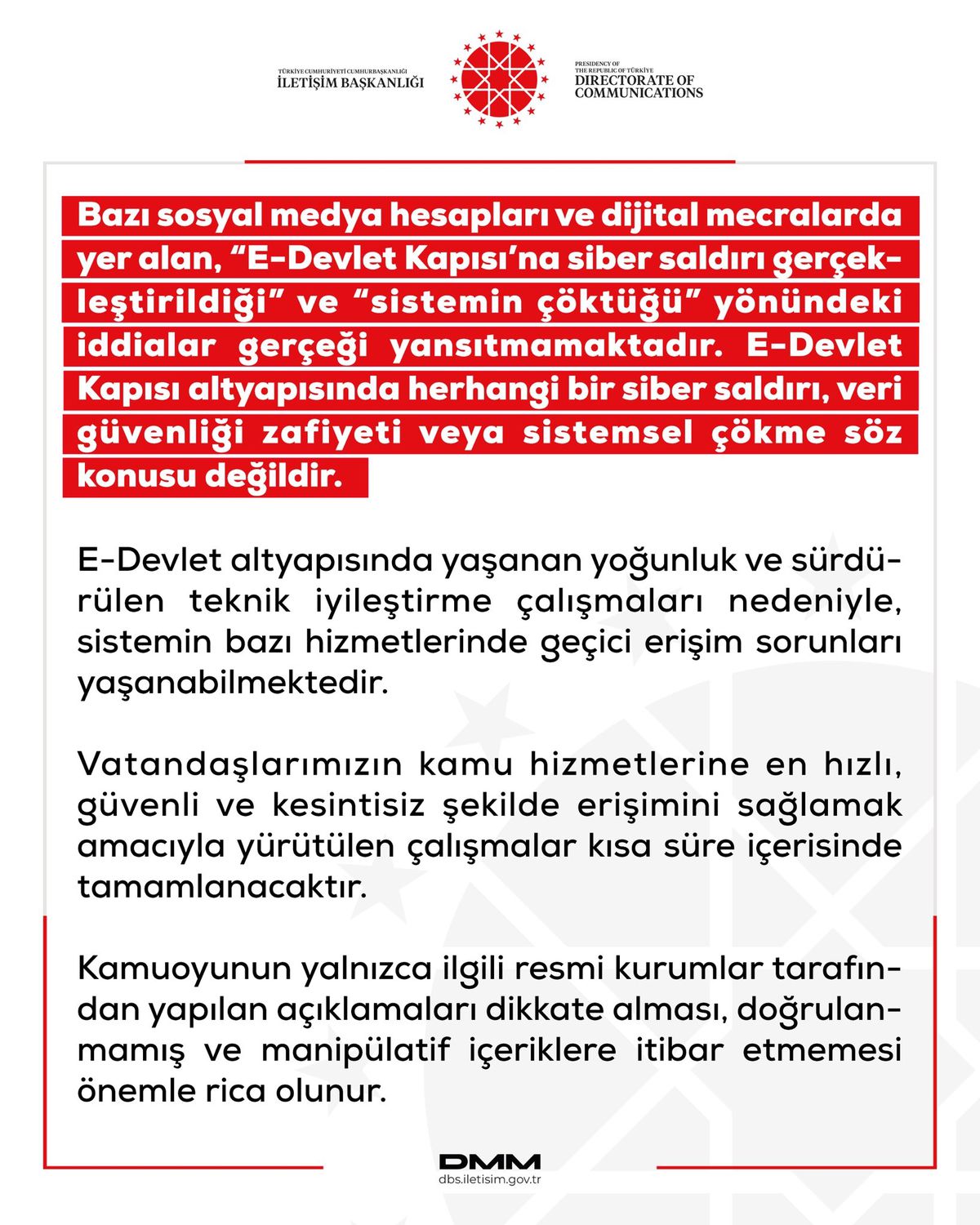 e-Devlet\'e Saldırı İddiaları Asılsız