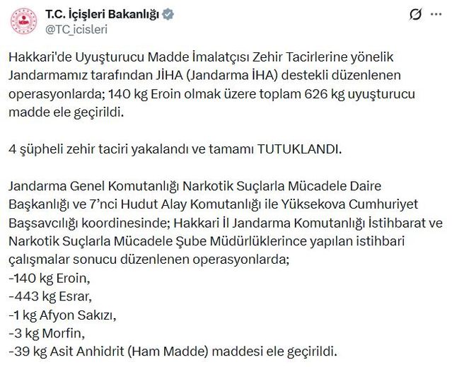 Hakkari'de Uyuşturucu Operasyonu: 626 Kilo Ele Geçirildi