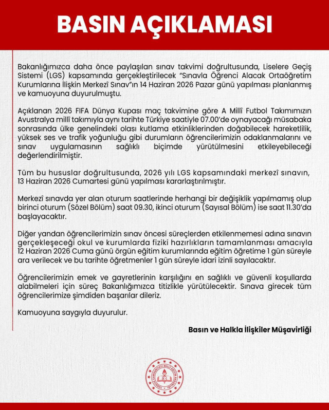 LGS sınavına hazırlık nedeniyle 12 Haziran cuma günü okullar tatil edildi