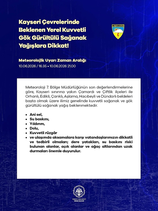Niğde'de Kuvvetli Yağış Uyarısı