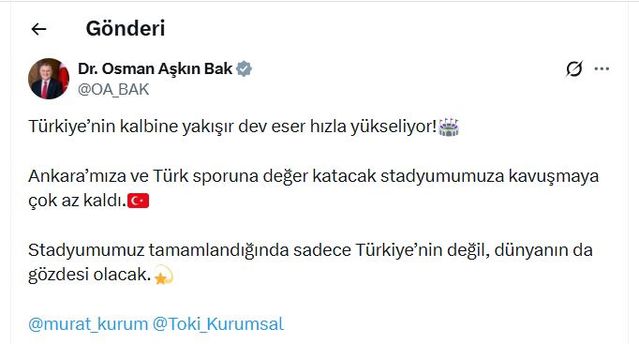 Ankara'nın yeni stadyumu son görüntüleriyle paylaşıldı
