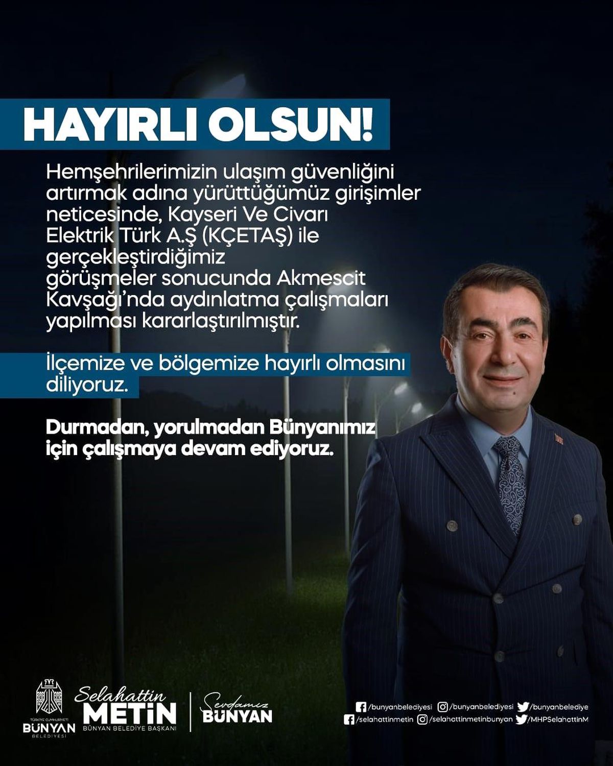Bünyan\'da Akmescit Kavşağı aydınlatılacak