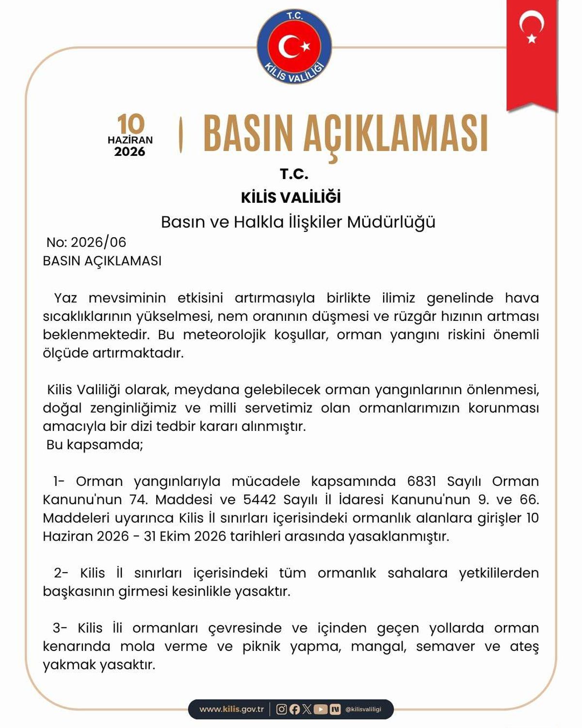 Kilis\'te ormanlara girişler 31 Ekim\'e kadar yasaklandı