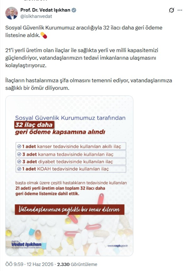 Bakan Işıkhan: 32 İlaç Daha Geri Ödeme Kapsamına Alındı