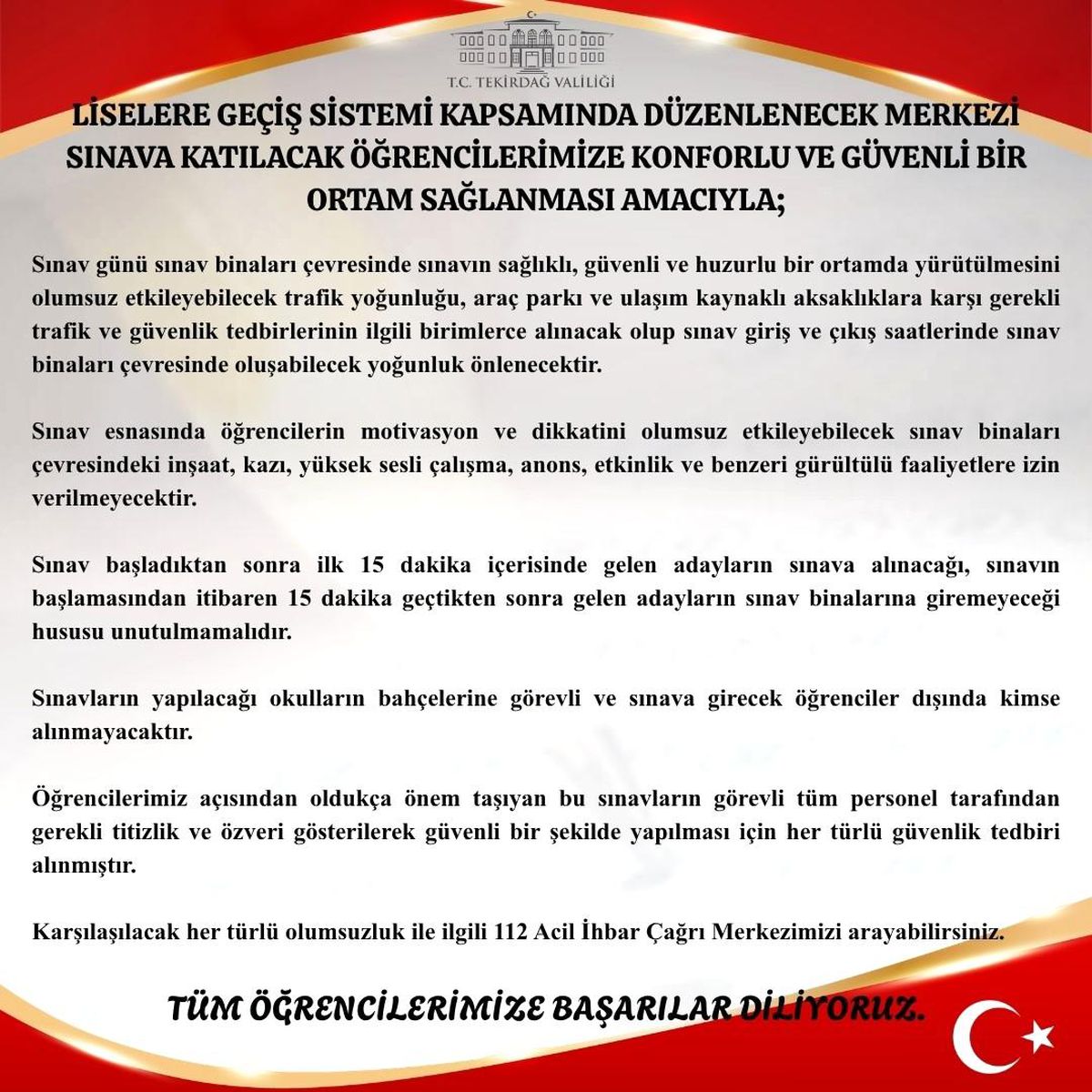 Tekirdağ\'da LGS İçin Güvenlik ve Ulaşım Tedbirleri