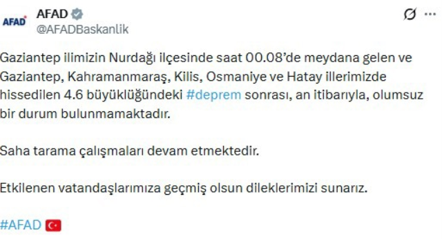 Gaziantep'te 4.6 büyüklüğünde deprem