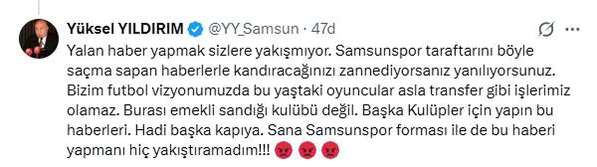 Yıldırım: Samsunspor Emekli Kulübü Değil