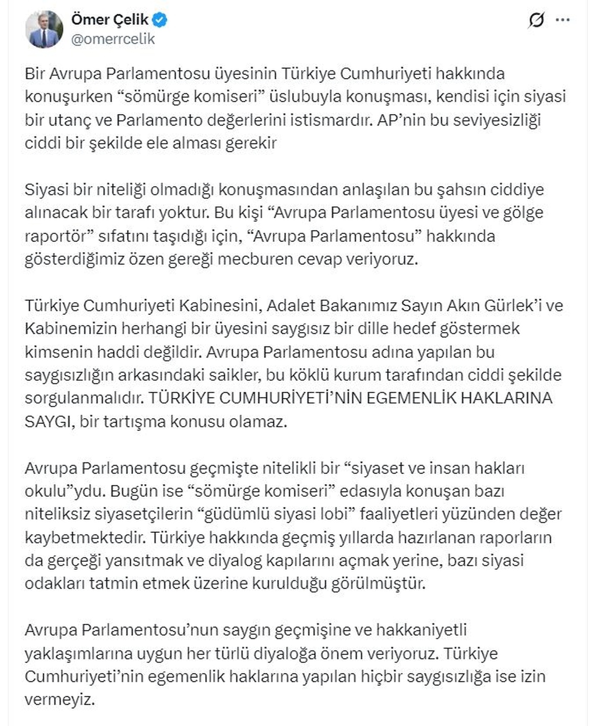 Ömer Çelik\'ten Avrupa Parlamentosu\'na Sert Yanıt