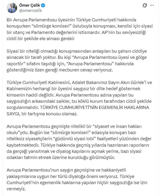 Ömer Çelik’ten Avrupa Parlamentosu’na Sert Yanıt