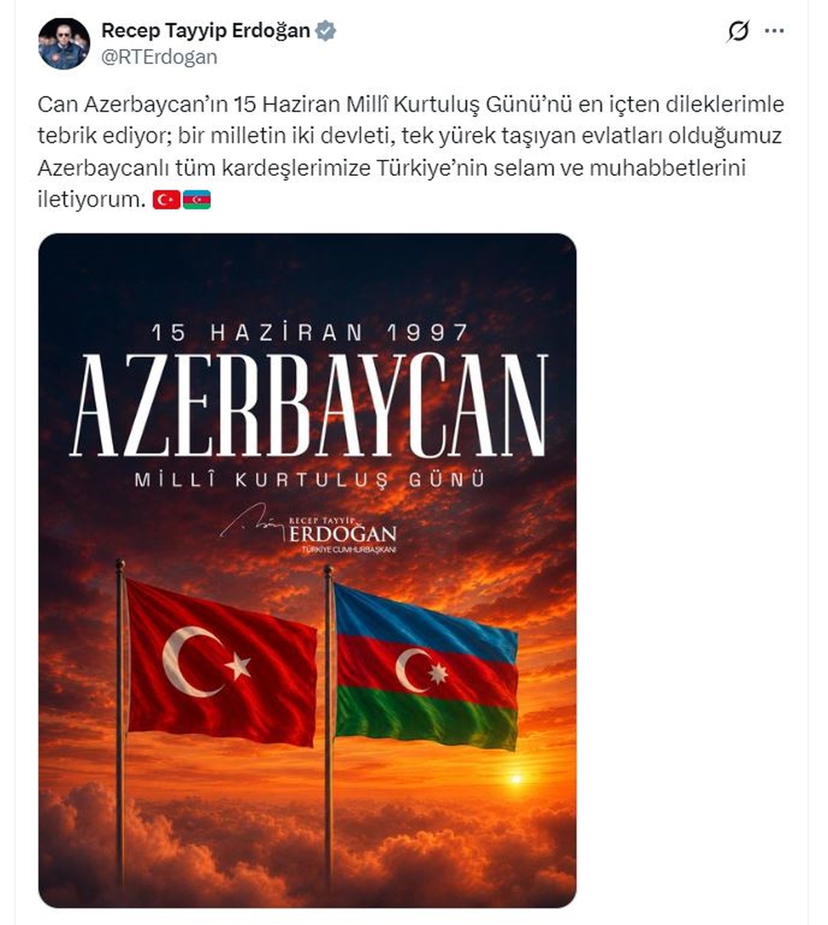 Erdoğan\'dan Azerbaycan\'ın Kurtuluş Günü\'ne Tebrik